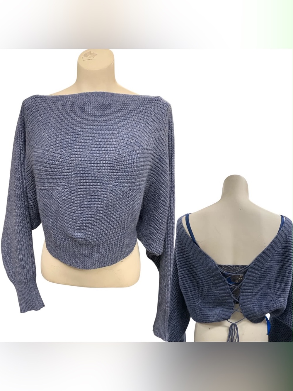 Knit With Cami Off-the-Shoulder Lace-Up Back Cropped Sweater in Dusty Blue S8